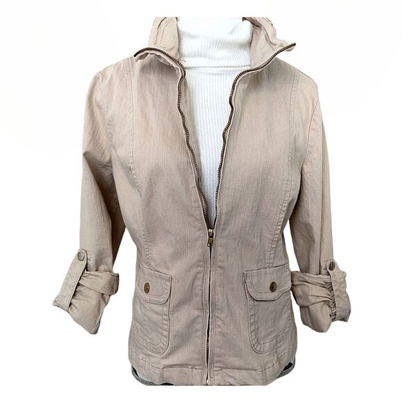 LAL Live a Little Womens Khaki Beige Zip Up Roll Tab Long Sleeve Jacket Medium - Picture 1 of 14